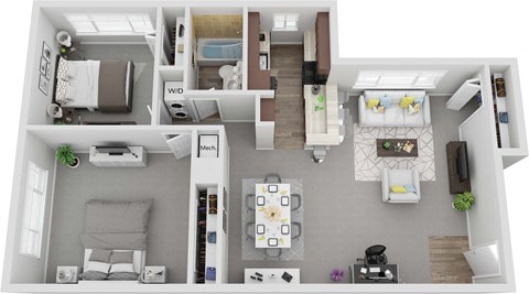 Renovated 2 Bed 1 Bath 980sf 3D Floor Plan at Stevenson Lane Apartments, Towson